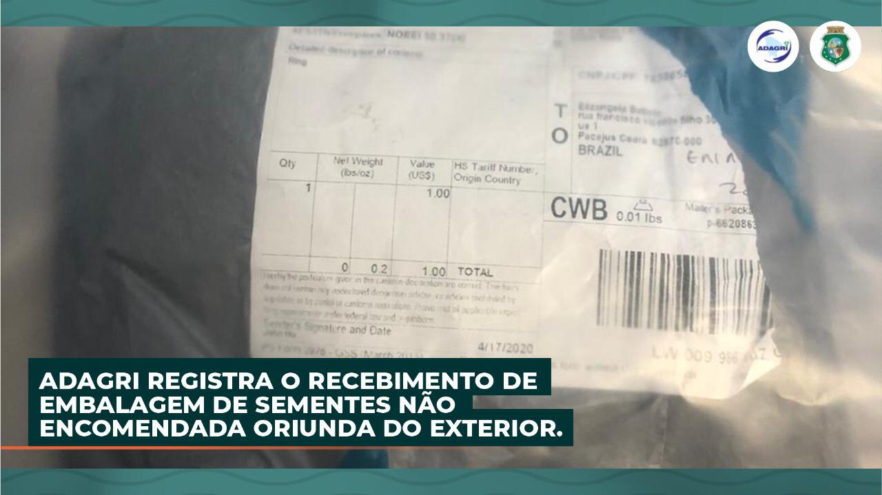ADAGRI registra o recebimento de embalagem de sementes não encomendada oriunda do exterior