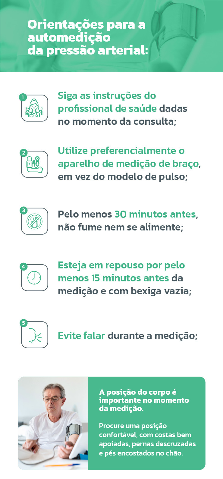 Infográfico com orientações para a automedição da pressão arterial