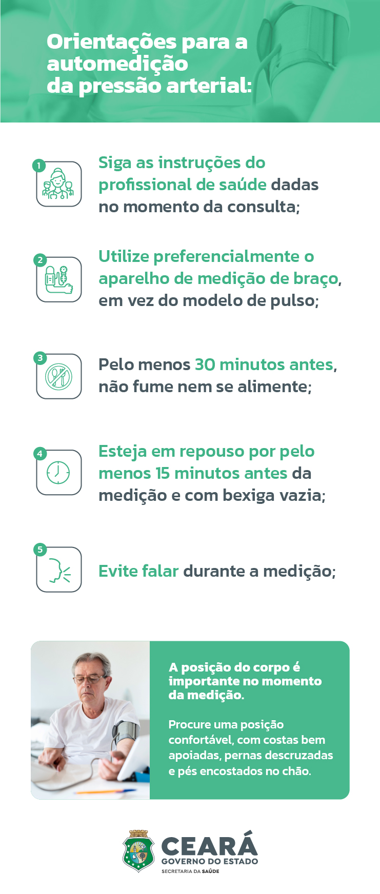 Infográfico com orientações para a automedição da pressão arterial