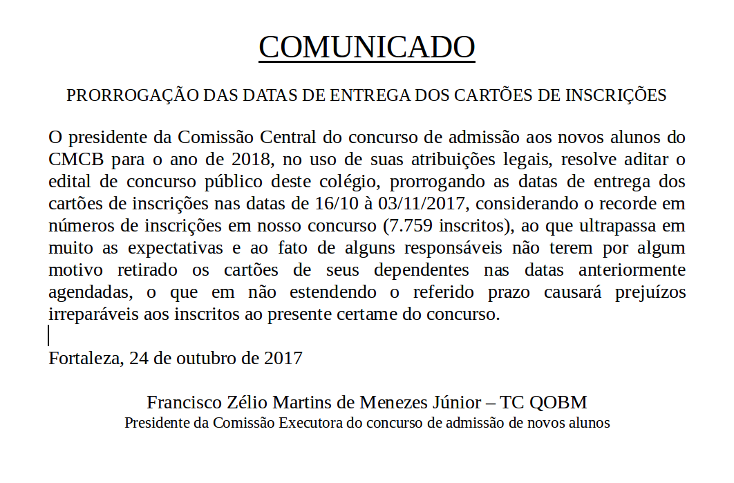 CMCB –  Prorrogação das datas de entrega dos cartões de inscrições