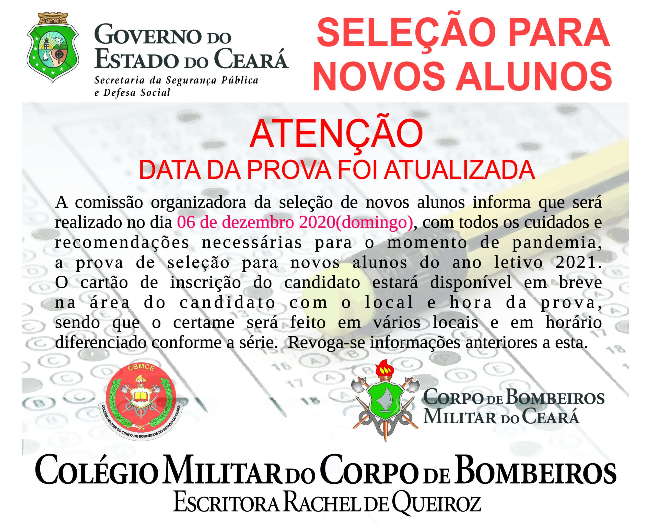 DATA DA PROVA DE SELEÇÂO DE NOVOS ALUNOS
