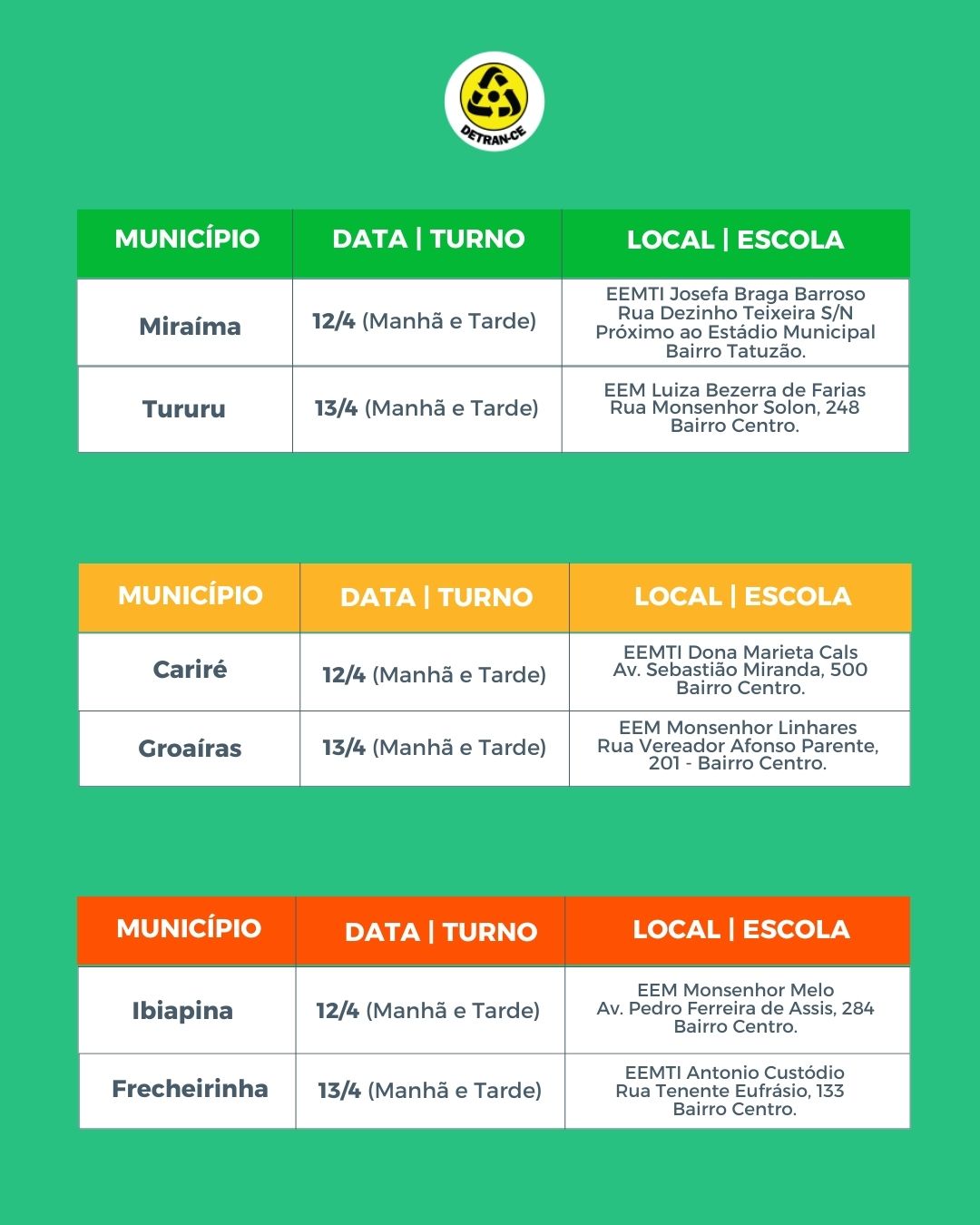 INFORMATIVO CNH POPULAR – Confira a programação para os atendimentos nos dias 12 e 13 de abril