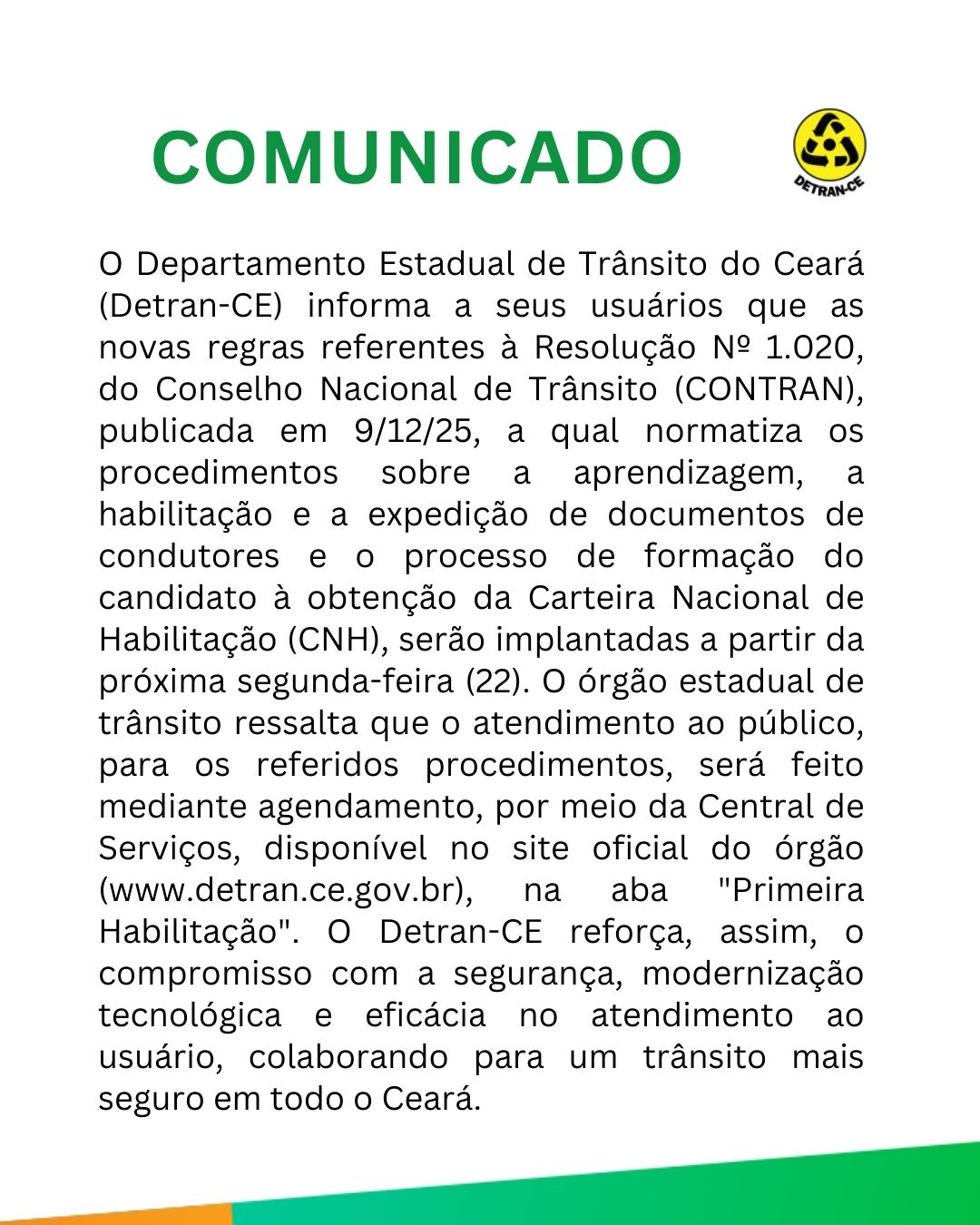 COMUNICADO RESOLUÇÃO Nº 1020 – CONTRAN