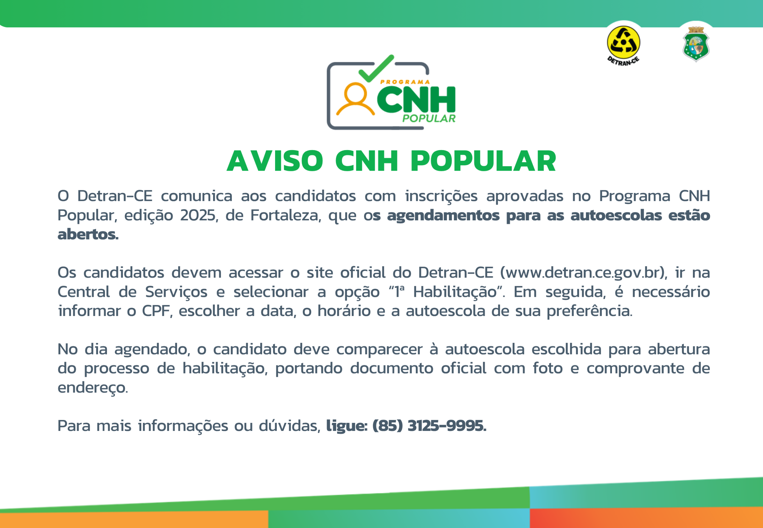 AVISO CNH POPULAR – AGENDAMENTO AUTO ESCOLAS