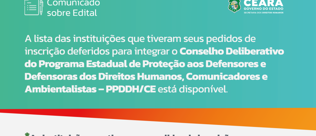 Sedih divulga resultado preliminar de escolha de instituições para o CONDEL do PPDDH/CE