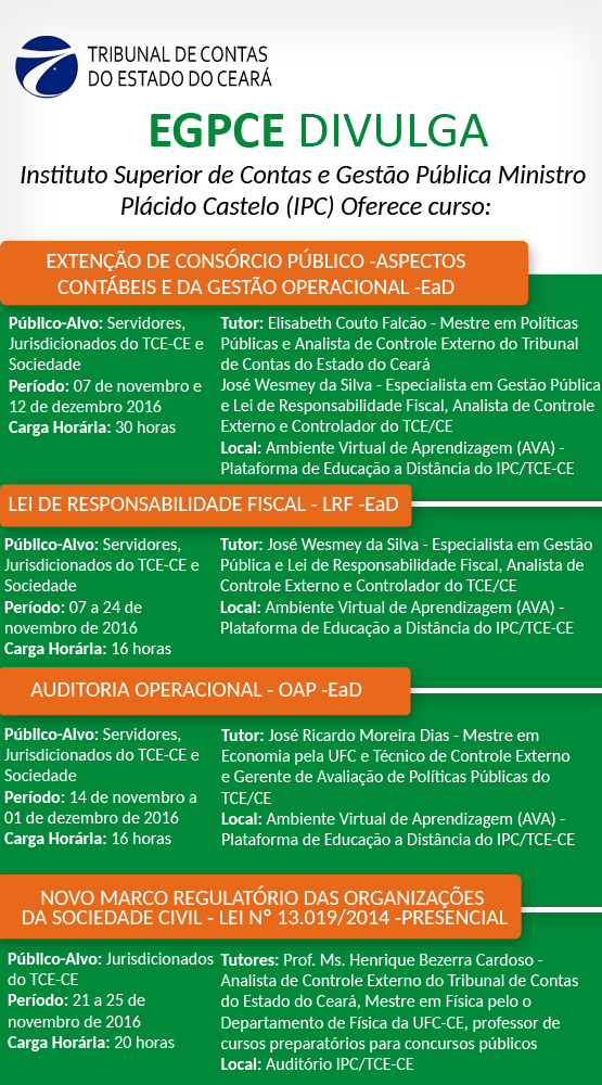 #EGPCEDivulga | Confira os cursos do Instituto Plácido Castelo