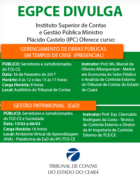 Instituto Plácido Castelo oferta cursos em Gestão Patrimonial e Gerenciamento de Obras Públicas