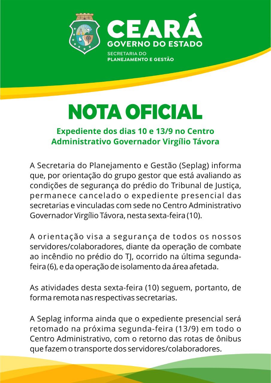Nota Oficial da Seplag: Expediente dos dias 10 e 13/09 no Centro Administrativo Governador Virgílio Távora