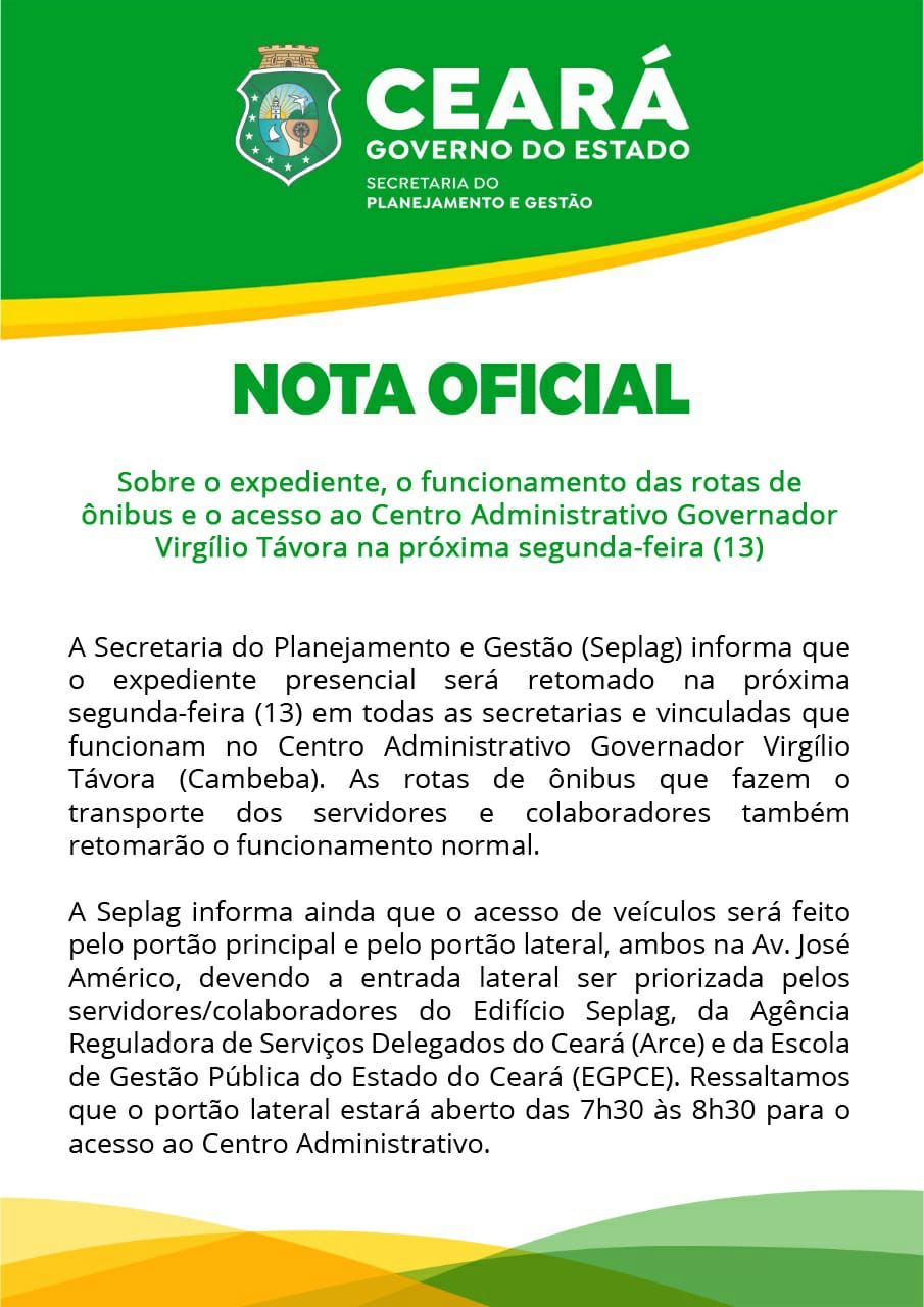 Nota Oficial Seplag: Rotas de Ônibus Centro Administrativo Governador Virgílio Távora