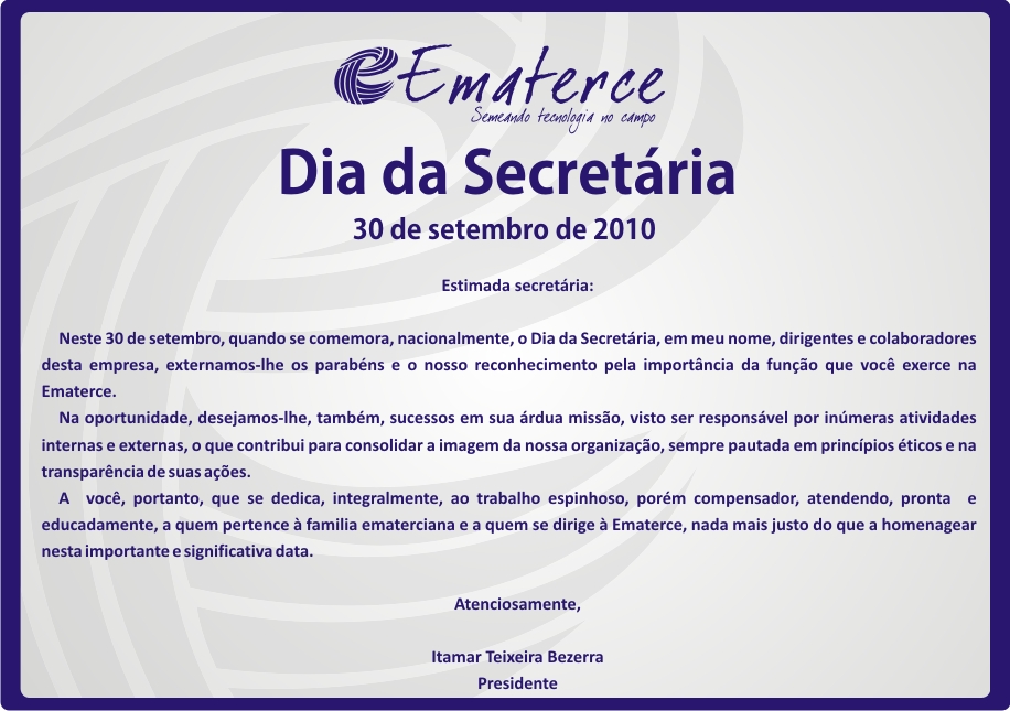 Mensagem do Presidente às Secretárias da Ematerce