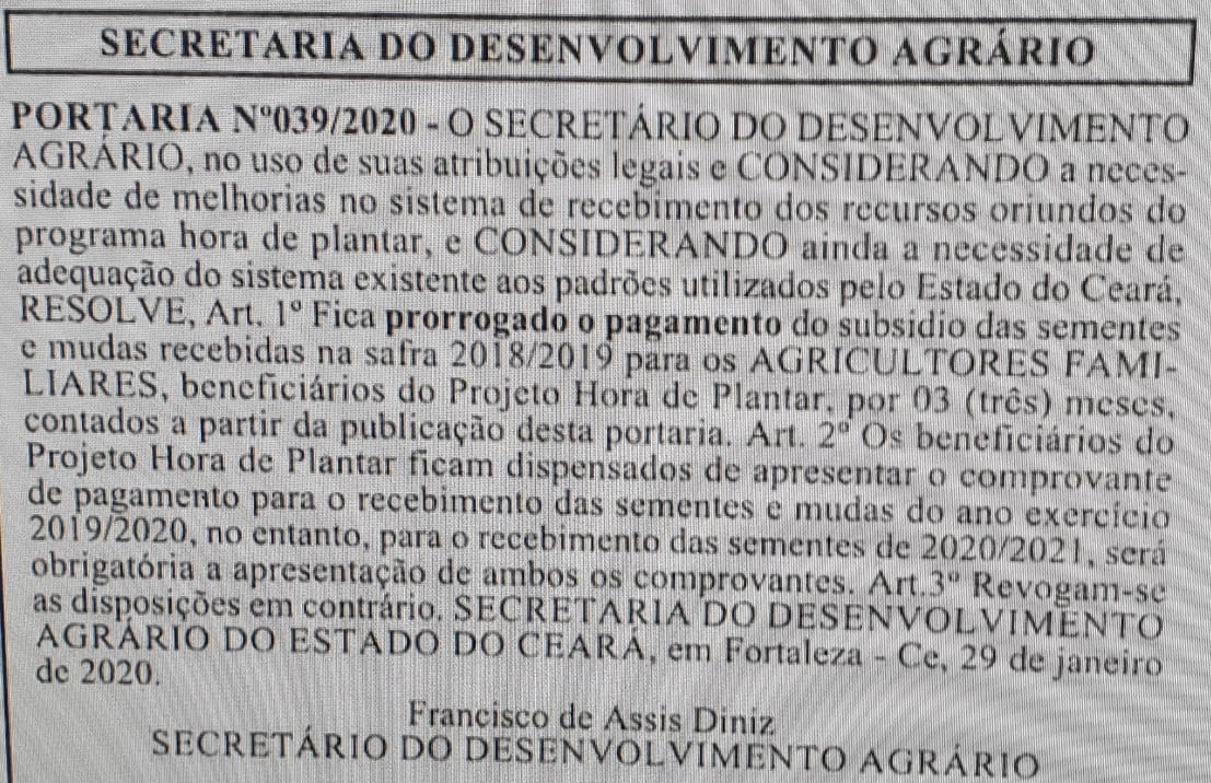Ematerce divulga importante Portaria da Secretaria do Desenvolvimento Agrário do Ceará