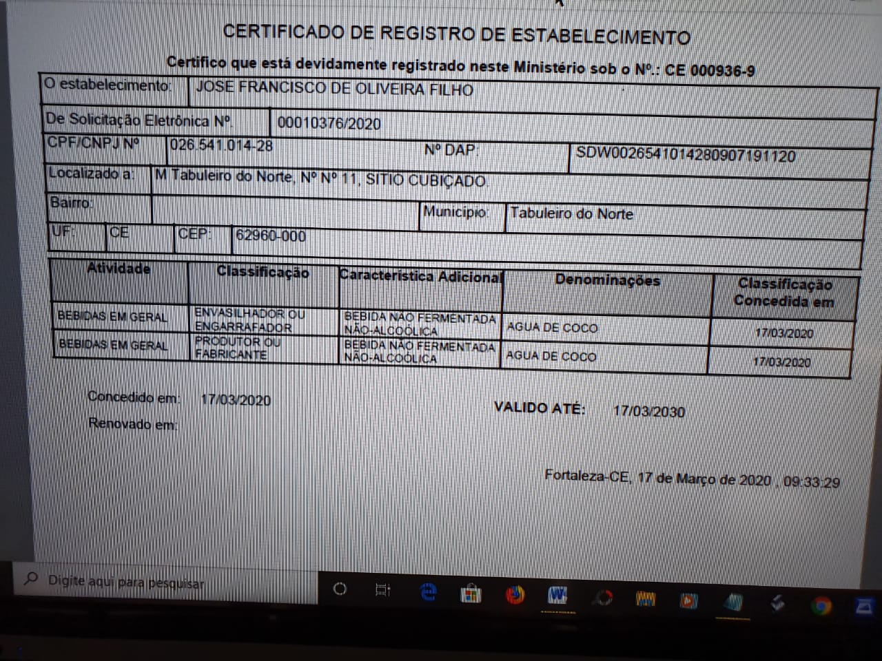 Tabuleiro: Ministério da Agricultura concede Certificado de Registro a agricultor
