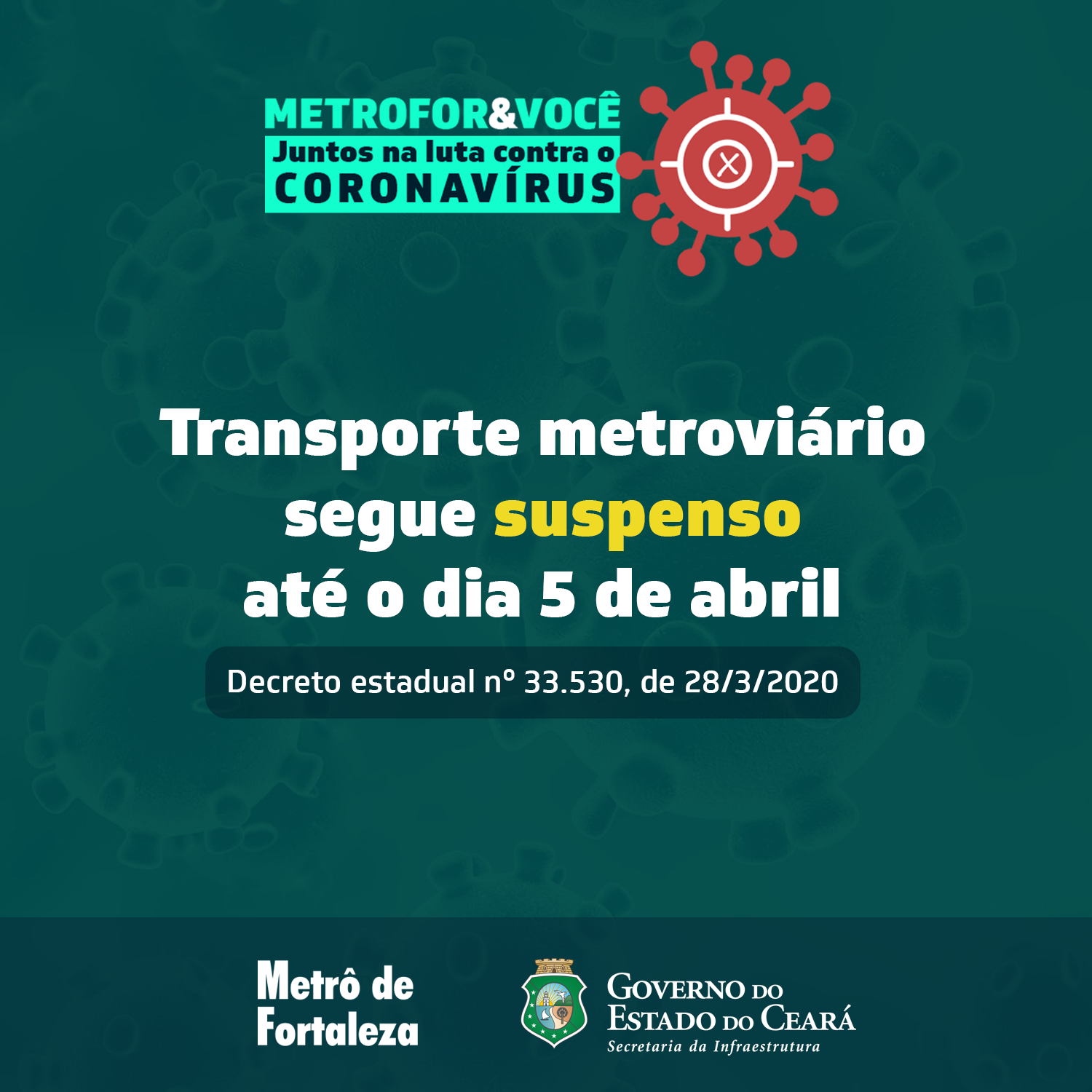 Transporte metroviário segue suspenso até o dia 5 de abril