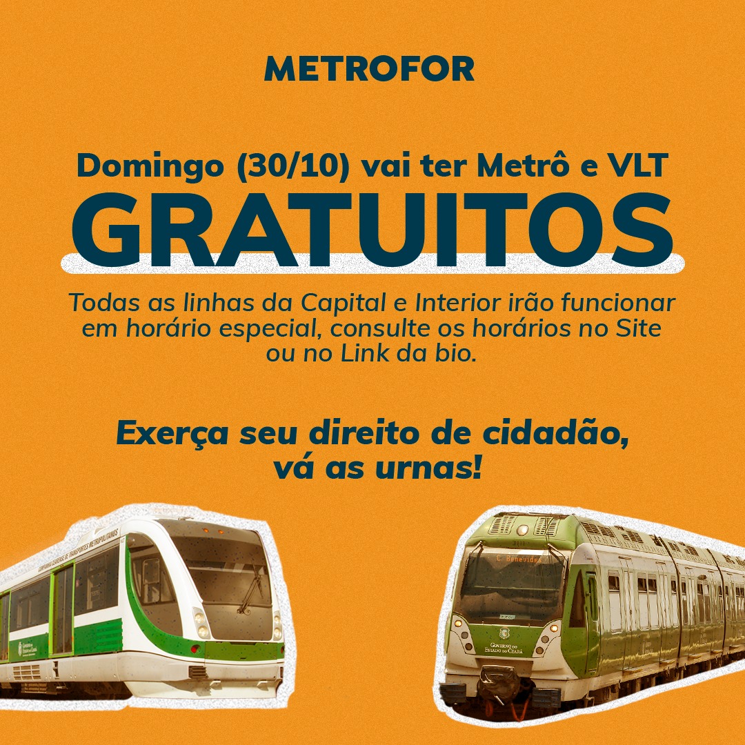 Metrô e VLTs na Grande Fortaleza, Sobral e Cariri terão funcionamento gratuito no 2° Turno