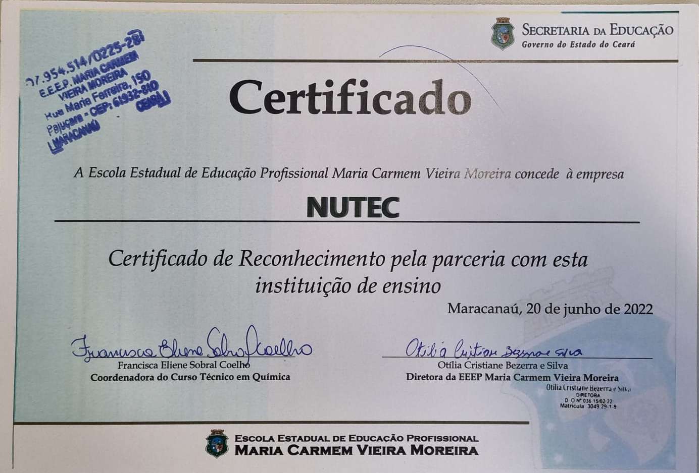 Nutec recebe certificado de reconhecimento por parceria com instituição de ensino