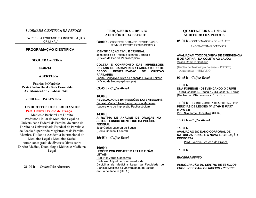 I JORNADA CIENTÍFICA PEFOCE – PROGRAMAÇÃO