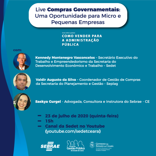 Compras Governamentais – uma oportunidade para Micro e Pequenas Empresas será tema de live promovida pela Sedet