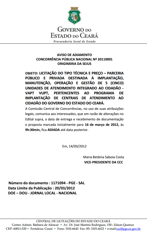 Aviso de adiamento da Concorrência Pública do Vapt Vupt