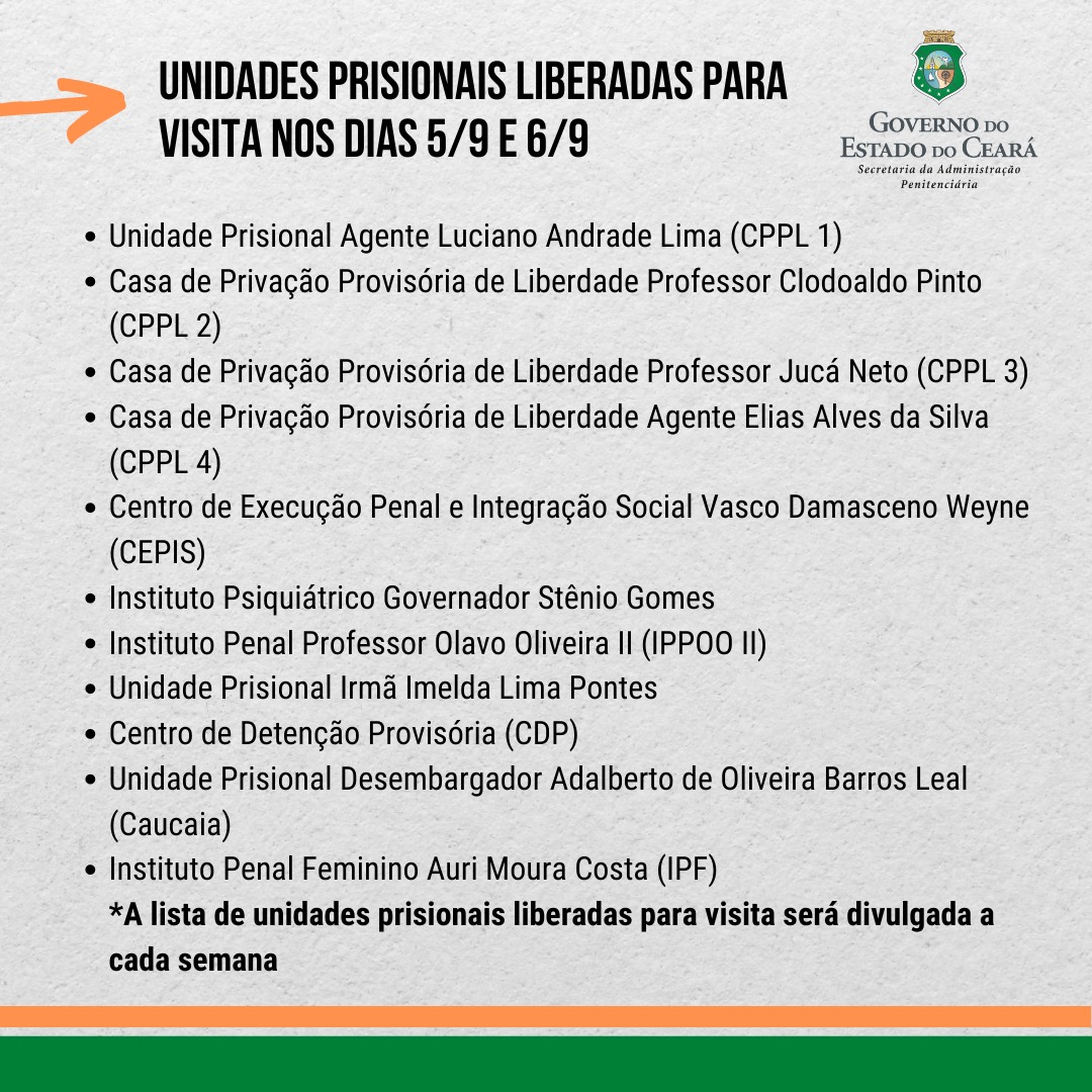 Confira a lista de unidades liberadas para visita nos dias 5 e 6 de setembro