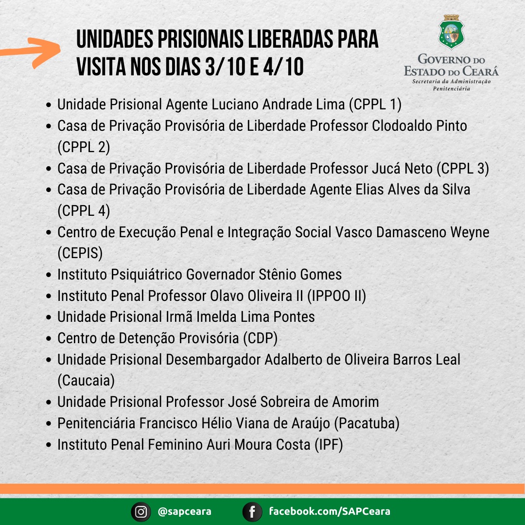 Unidades prisionais liberadas para visitas nos dias 3 e 4 de outubro