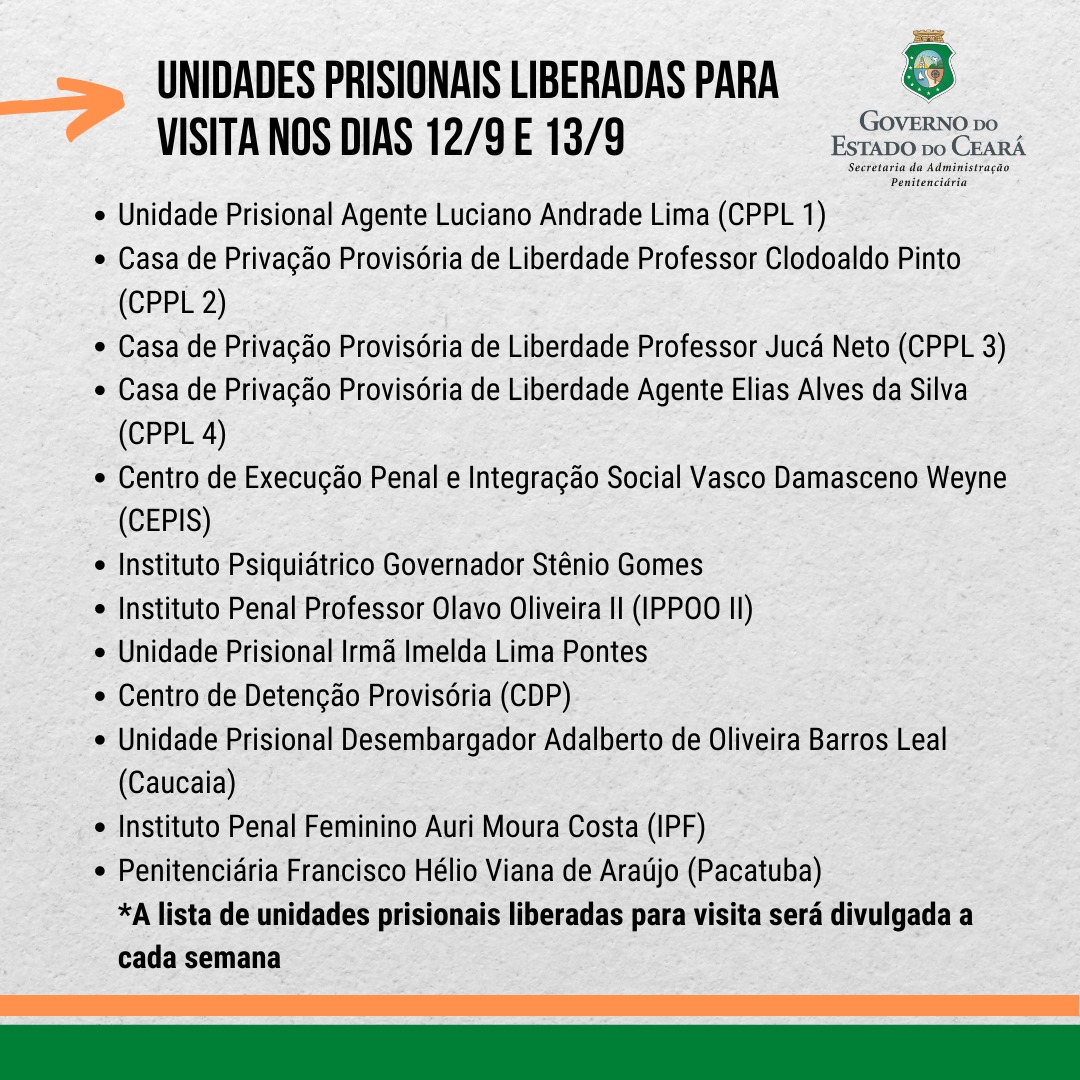 Confira a lista de unidades prisionais liberadas para visitas nos dias 12 e 13 de setembro