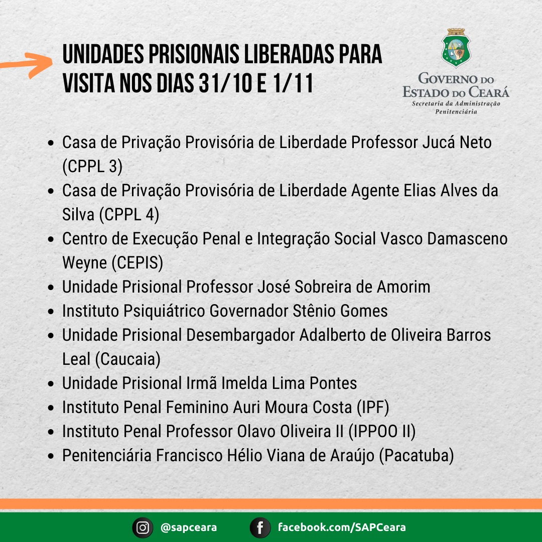 Unidades prisionais liberadas para visitas nos dias 30 de outubro e 1º de novembro