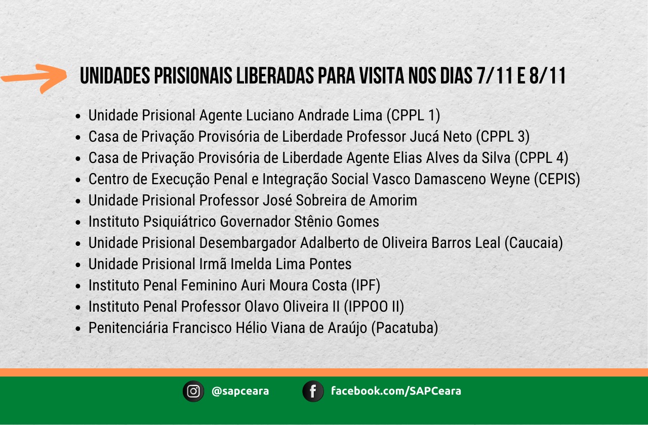 Lista das unidades prisionais liberadas para visitas nos dias 7 e 8 de novembro