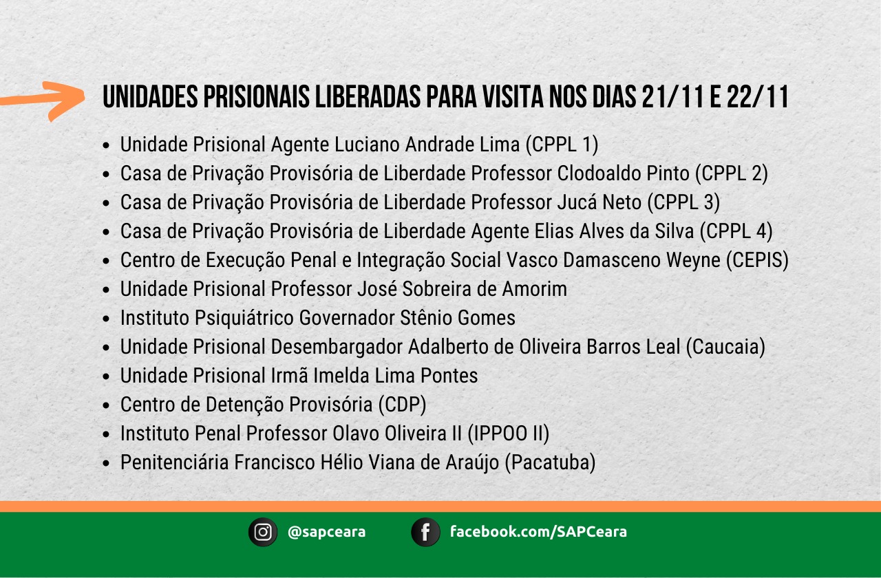 Unidades prisionais liberadas para os dias 21 e 22 de novembro