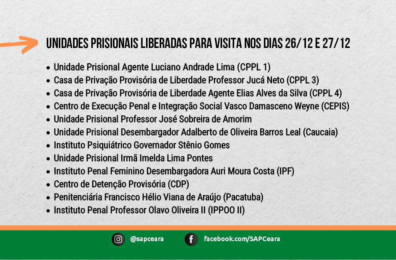 Confira a lista das unidades prisionais liberadas para visitas nos dias 26 e 27 de dezembro