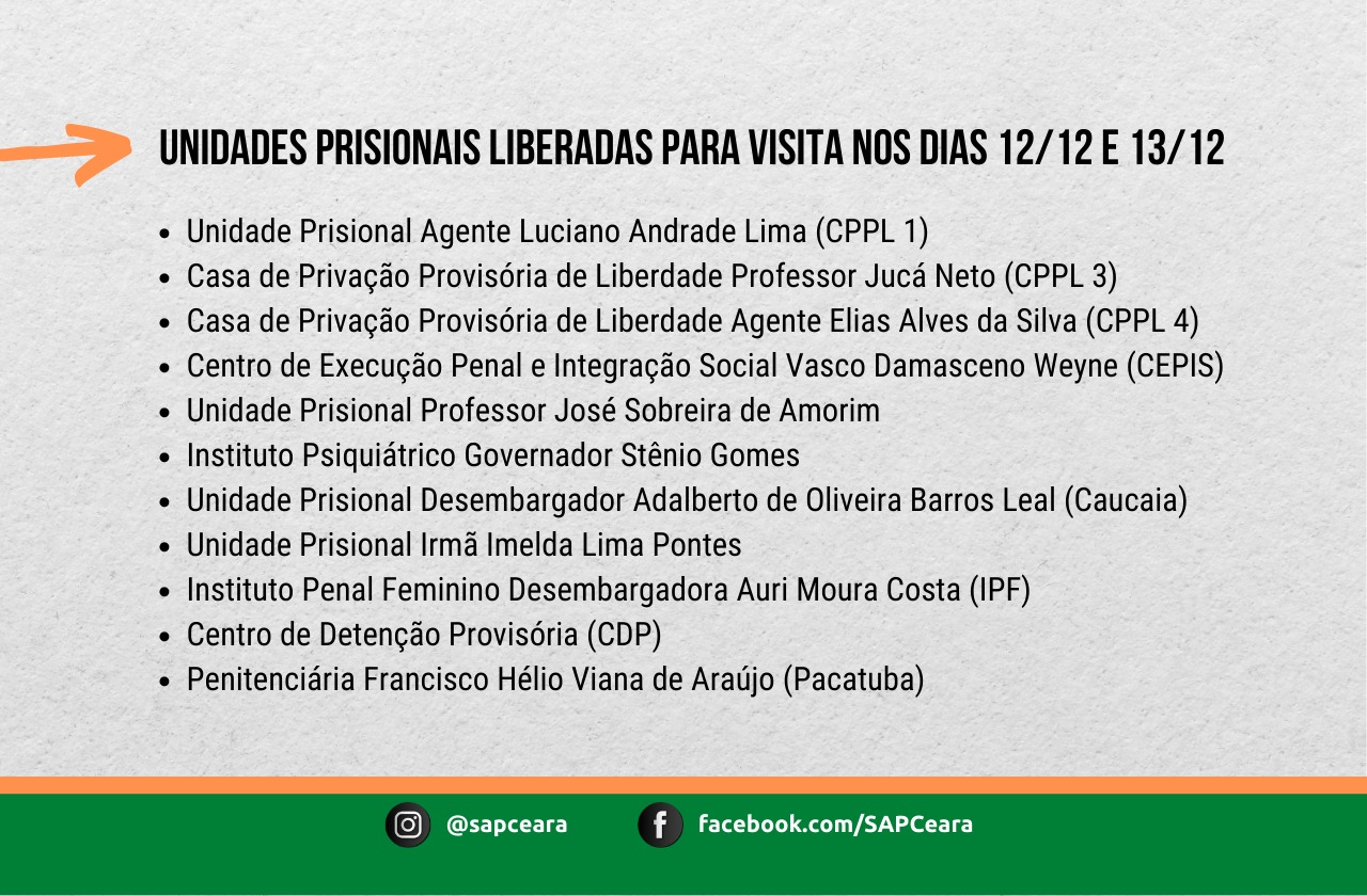 Unidades prisionais liberadas para visitas nos dias 12 e 13 de dezembro