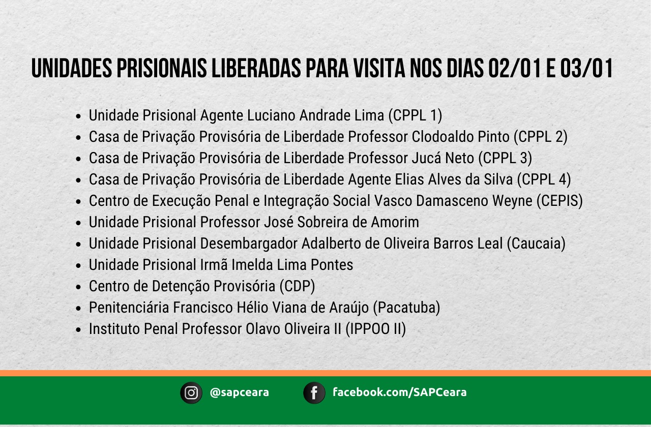Lista de unidades prisionais liberadas nos dias 2 e 3 de janeiro