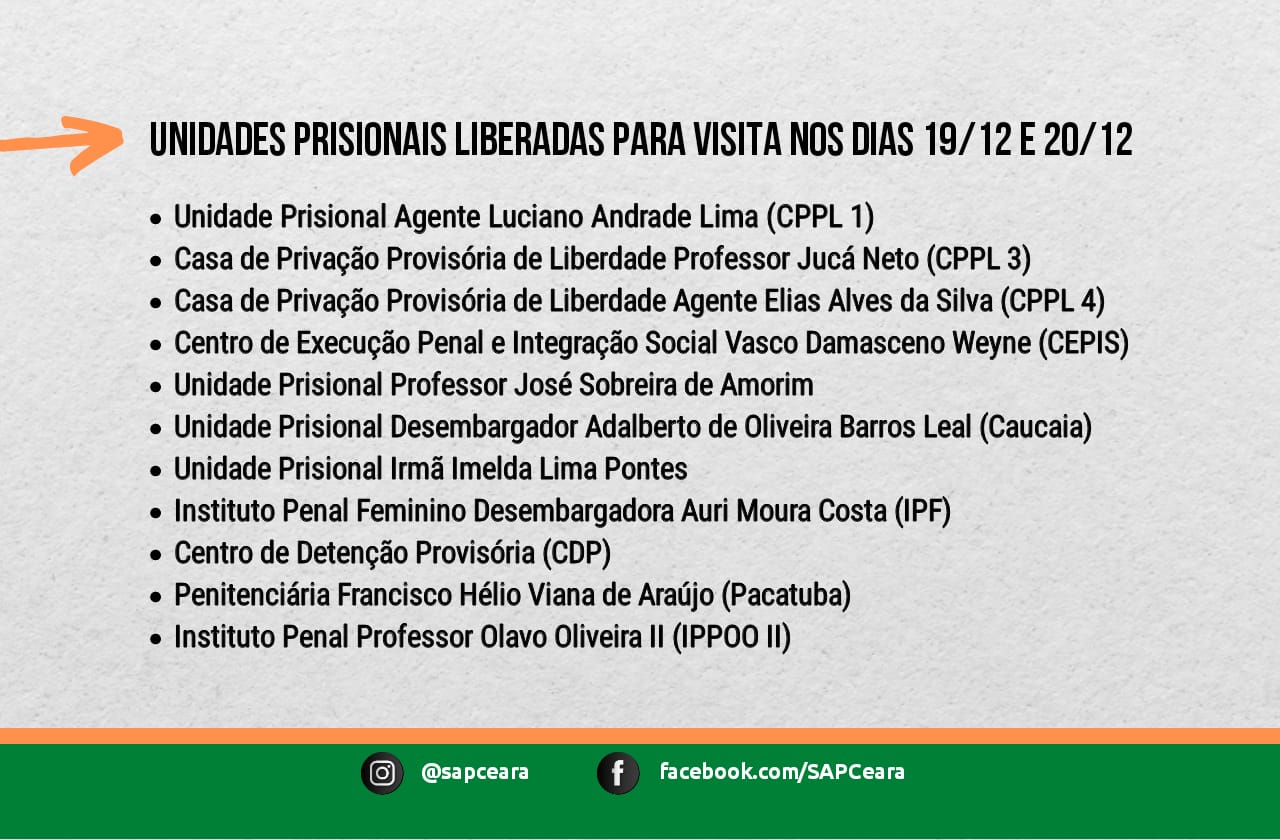 Lista das unidades prisionais liberadas para visitas nos dias 19 e 20 de dezembro