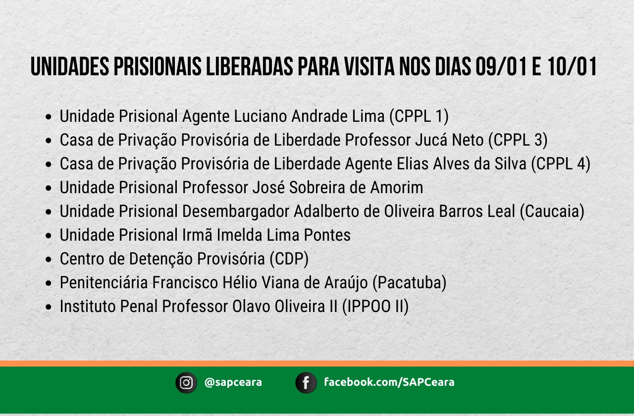 Unidades liberadas para visitas nos dias 9 e 10 de janeiro