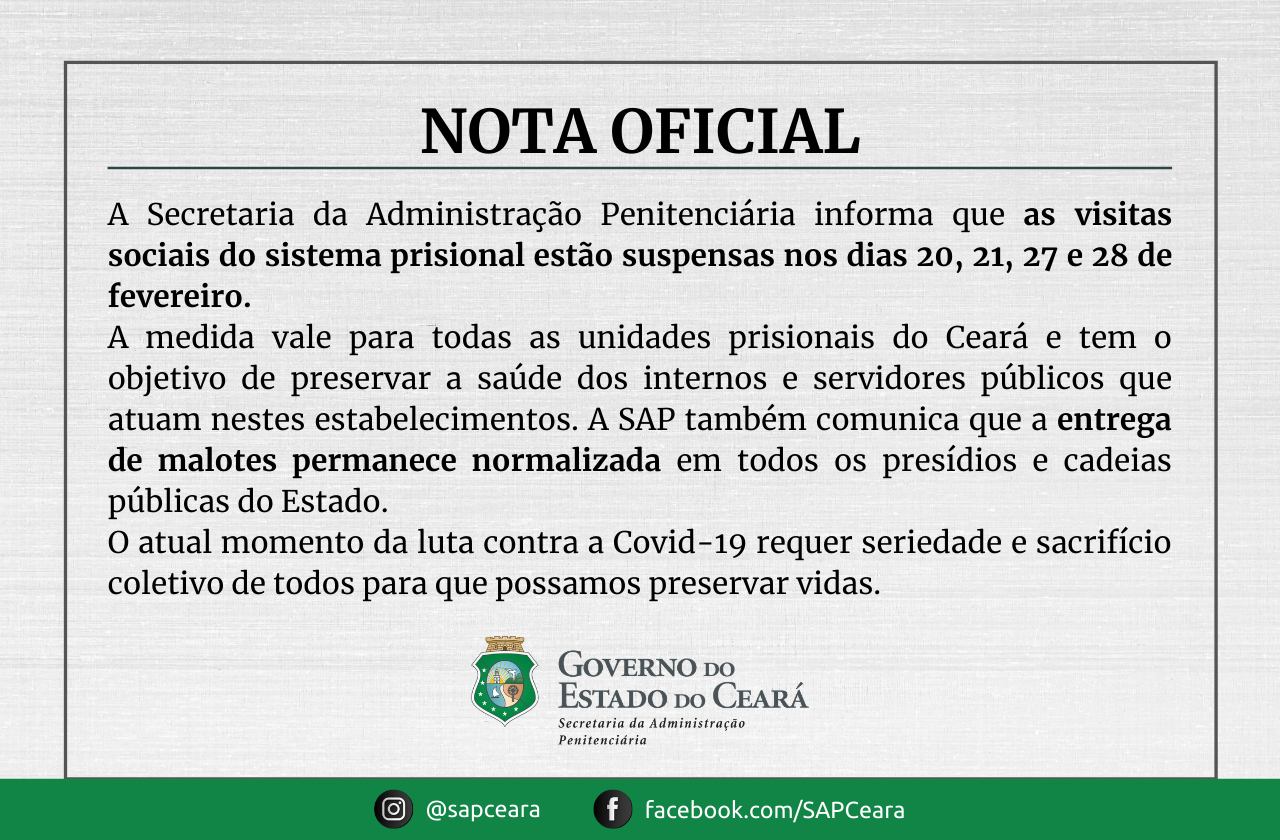 Visitas suspensas nos dias 20, 21, 27 e 28 de fevereiro.