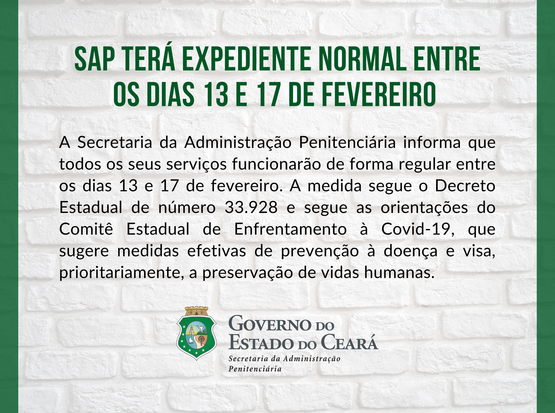 SAP TERÁ EXPEDIENTE NORMAL ENTRE OS DIAS 13 E 17 DE FEVEREIRO