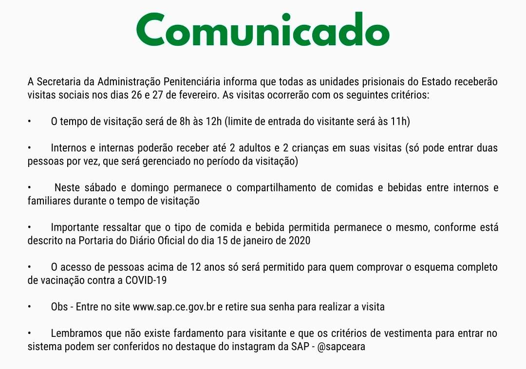 ATENÇÃO – VISITAS SOCIAIS