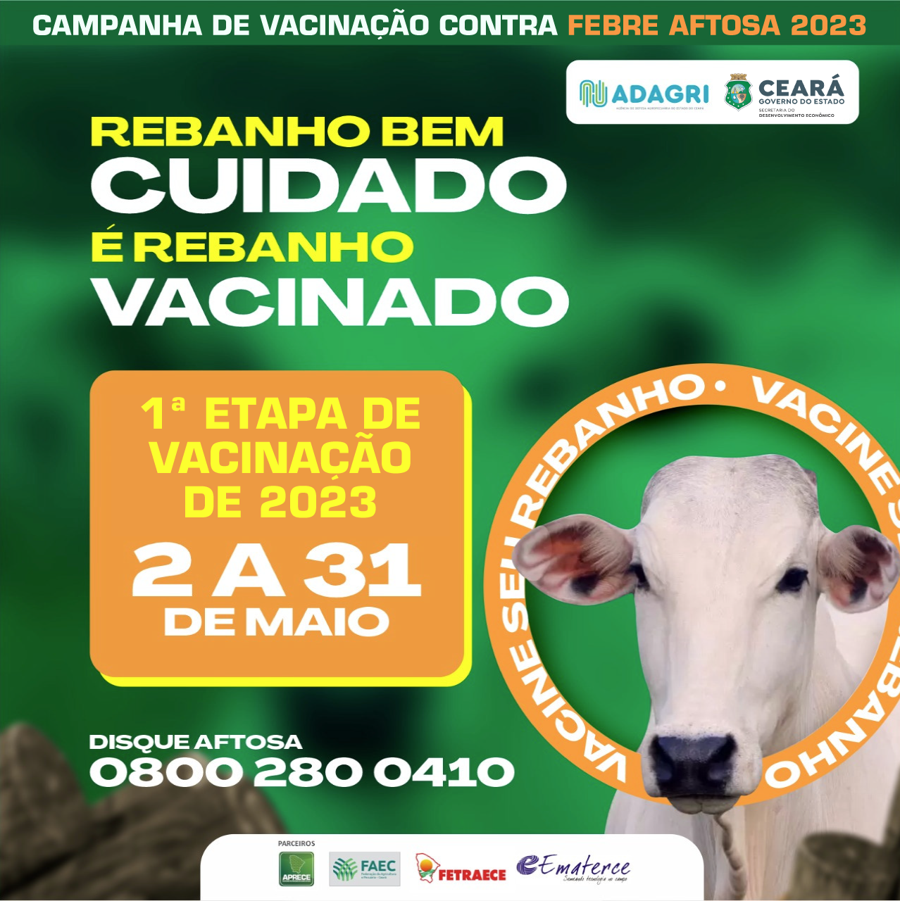 Campanha de Vacinação contra Febre Aftosa começa no próximo dia 02 de maio