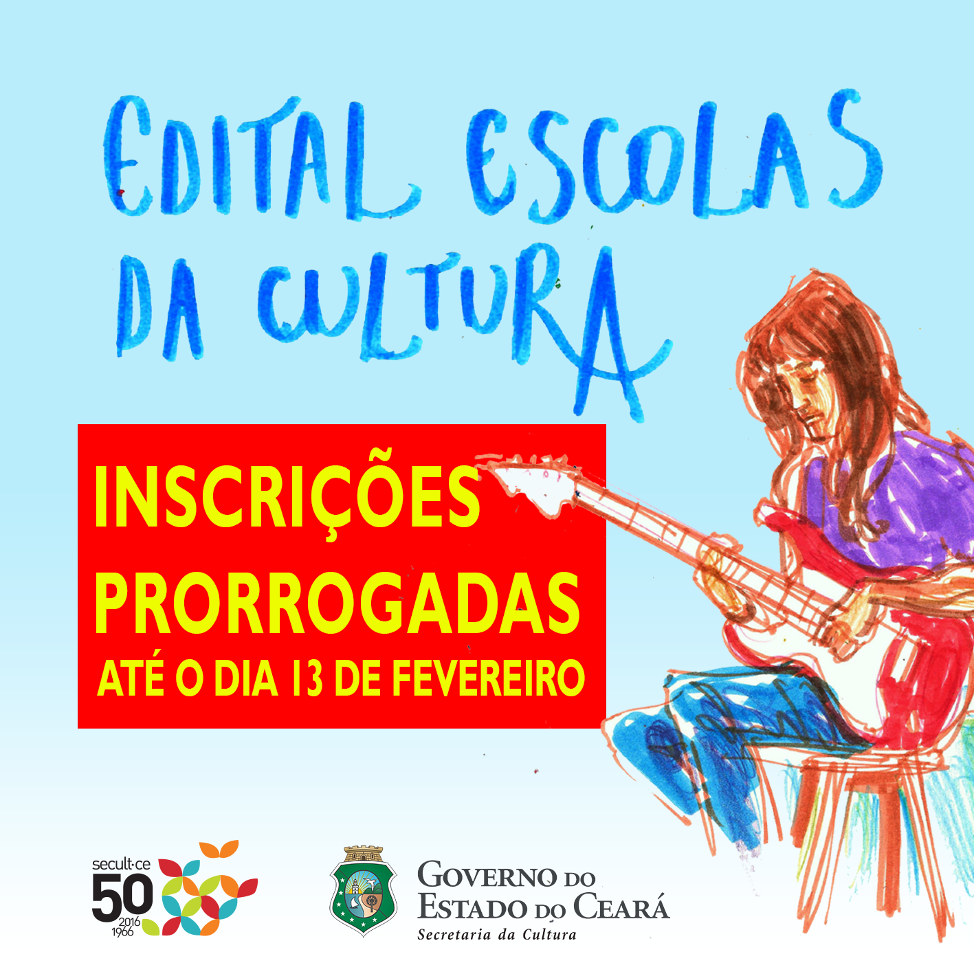 Secult divulga 1º Termo Aditivo ao Edital Escolas da Cultura 2016 que prorroga o prazo de inscrição até 13 de fevereiro de 2017