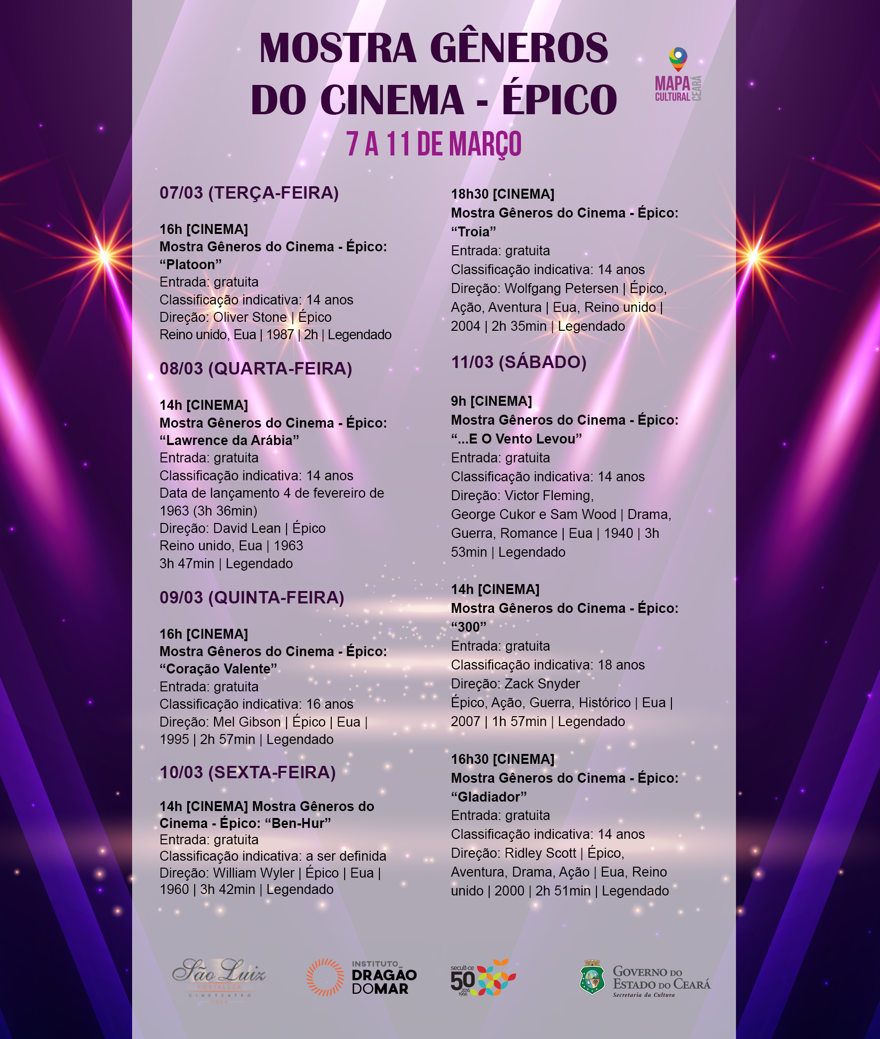 Cineteatro São Luiz exibe mostra com filmes épicos, a partir desta terça-feira, 7/3