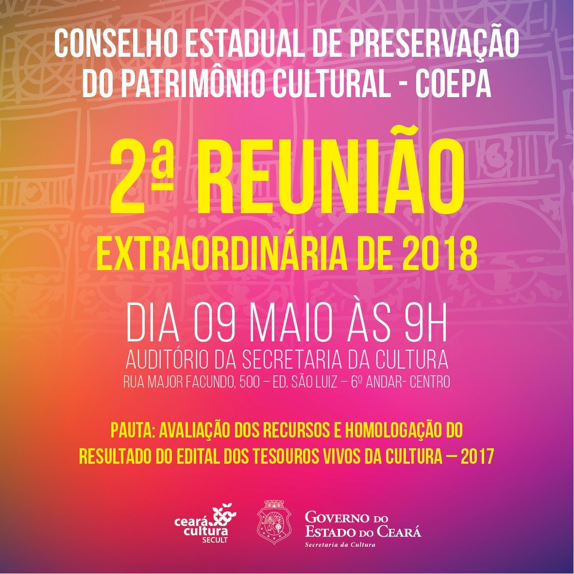COEPA realiza nesta quarta-feira (9/5), às 9h, no auditório da Secult, a 2ª Reunião Extraordinária de 2018
