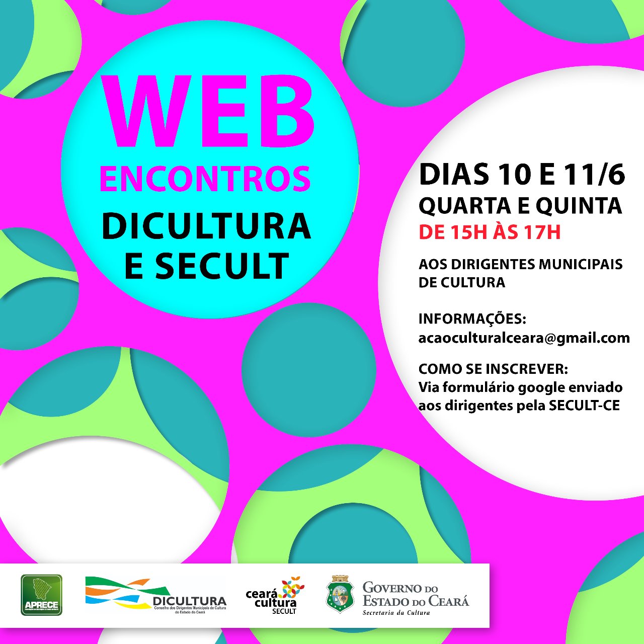 Secult e Dirigentes de Cultura do Município realizam nos dias 10 e 11/6,  das 15h às 17h, os Web Encontros Regionais Dicultura