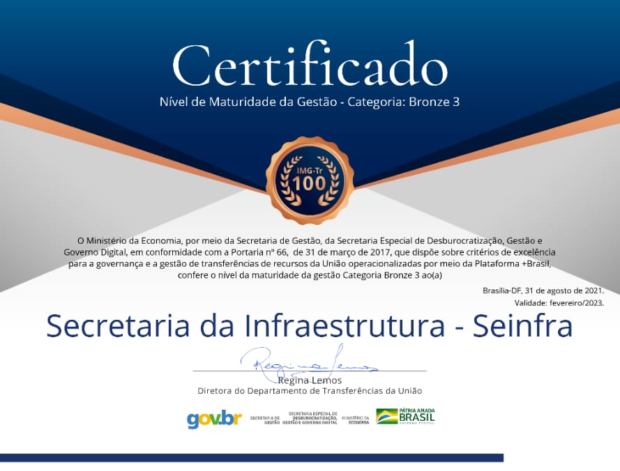 Secretaria da Infraestrutura é certificada pelo Ministério da Economia por implementar nova metodologia de gestão
