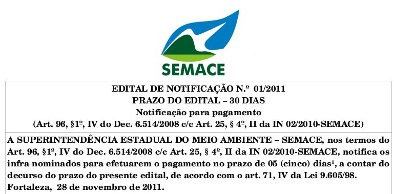 Semace torna público edital de notificação de inadimplência de infrações ambientais