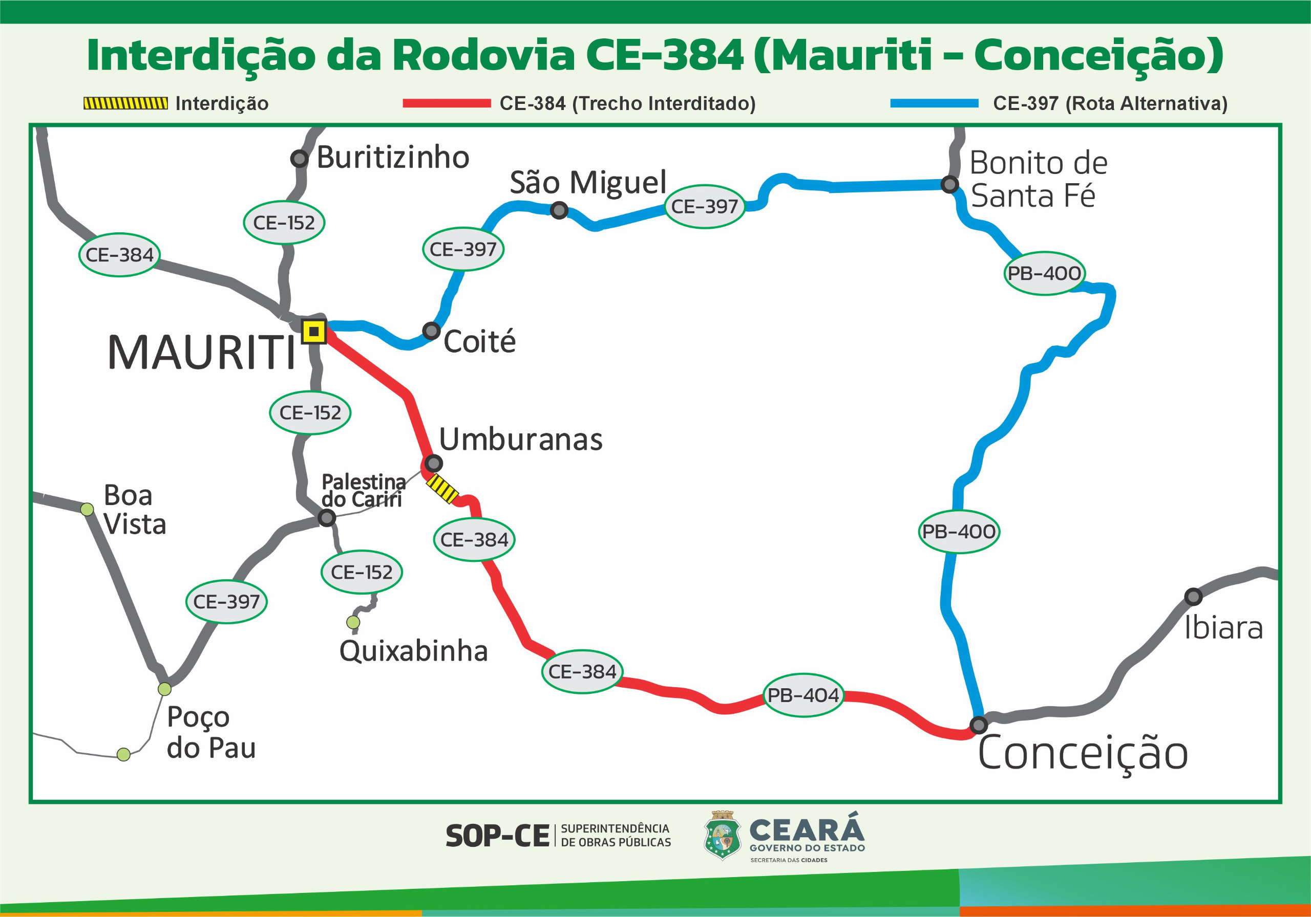AVISO: Em Mauriti, interdição da CE-384 para obras é prorrogada até 29 de novembro