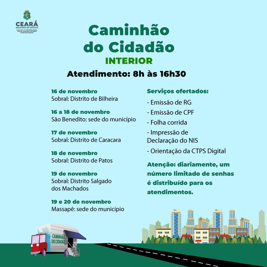 Caminhão do Cidadão atende comunidades de Fortaleza e de mais três municípios nesta semana