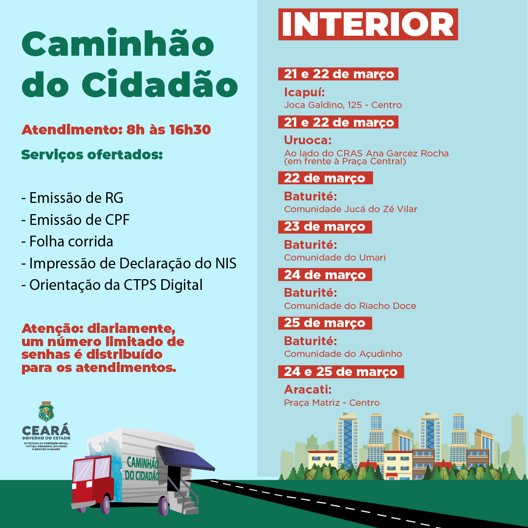 Caminhão do Cidadão atende mais oito comunidades na Capital e Interior