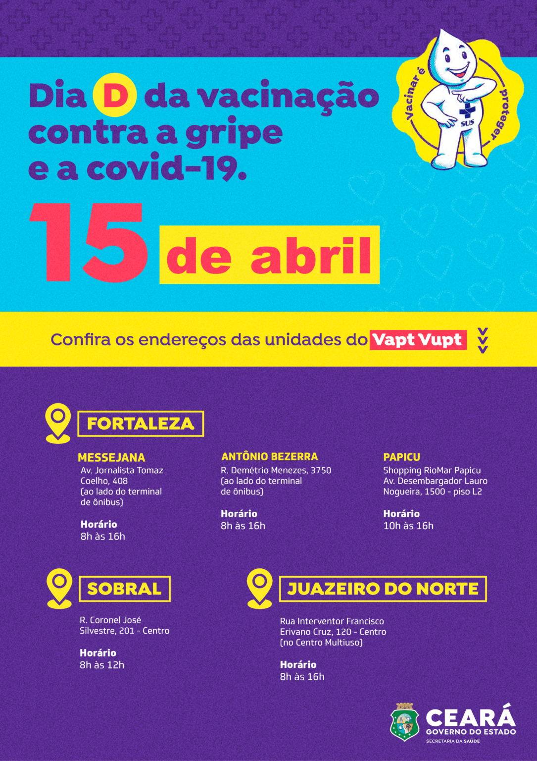 Em ação inédita, Governo do Ceará abre unidades do Vapt Vupt em Fortaleza e no Interior para “Dia D” de vacinação