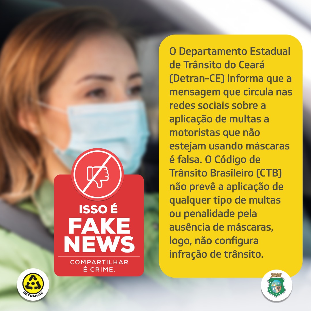 Detran-CE informa que é boato a multa pelo não uso de máscara