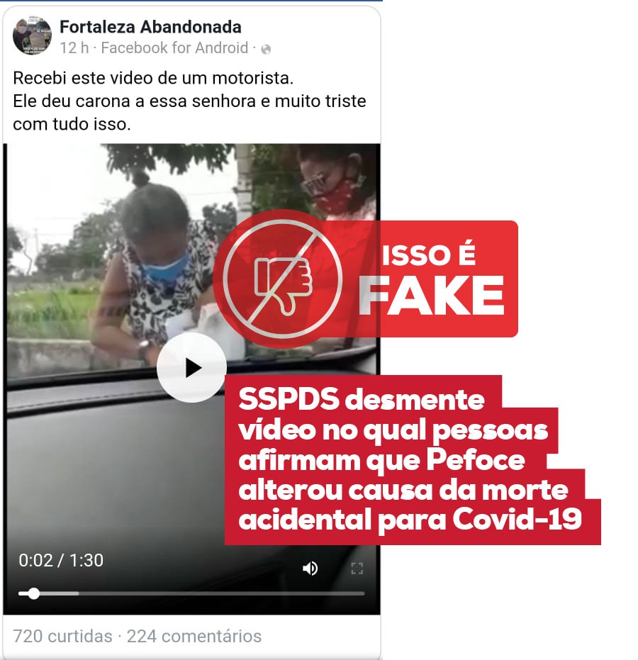 SSPDS desmente vídeo no qual pessoas afirmam que Pefoce alterou causa da morte acidental para Covid-19