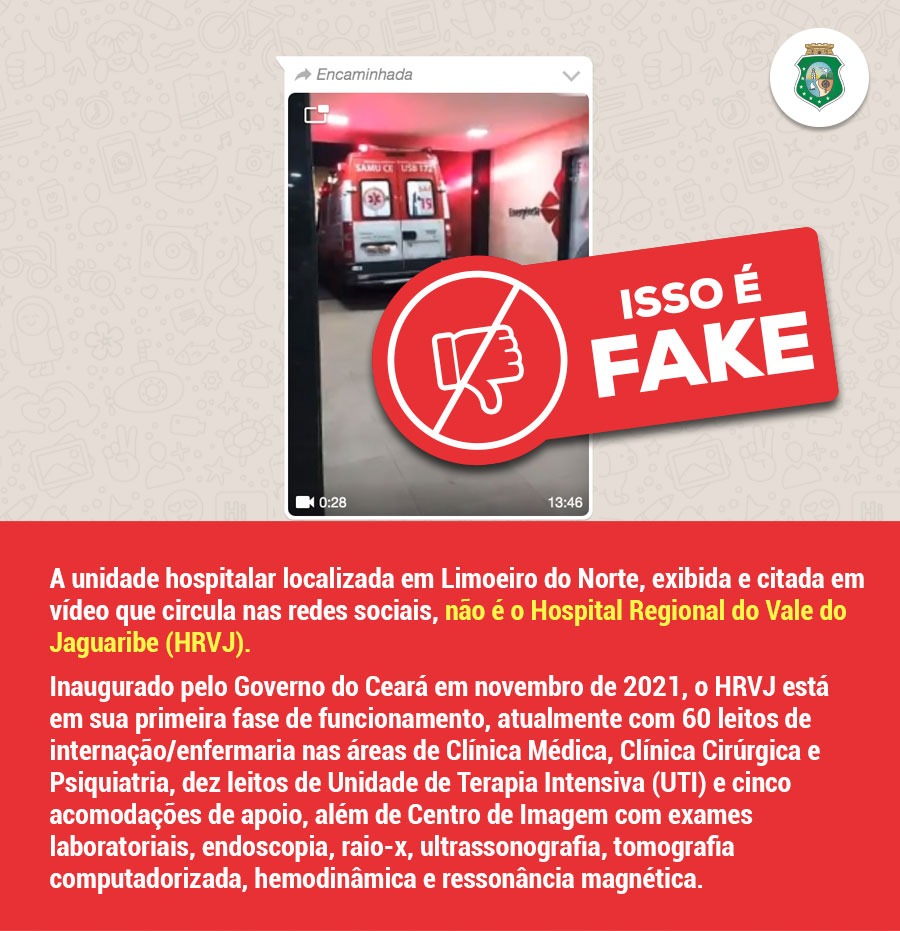 Unidade hospitalar exibida e citada em vídeo não é o Hospital Regional do Vale do Jaguaribe